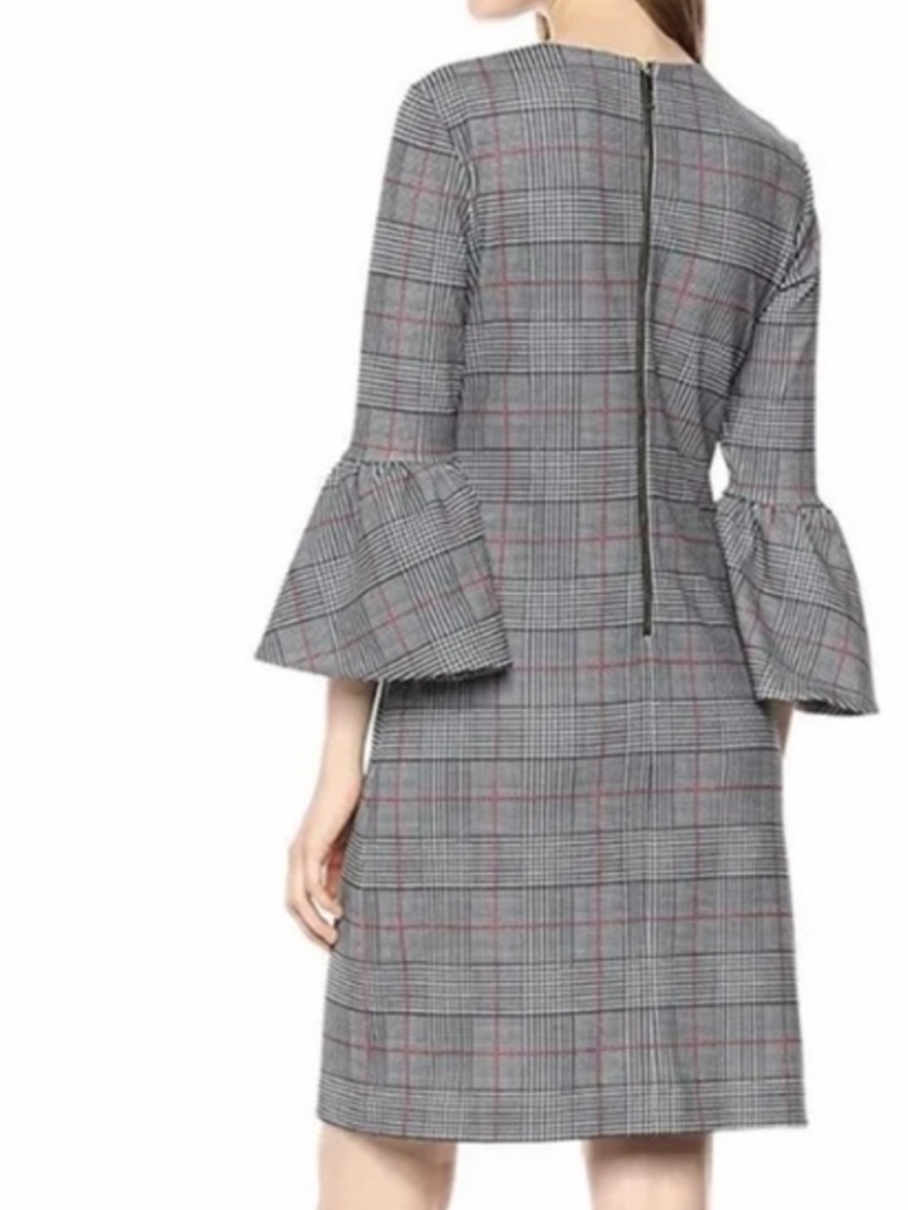 Calvin Klein plaid houndstooth round neck 3/4 length bell sleeve midi dress - Picture 2 of 9